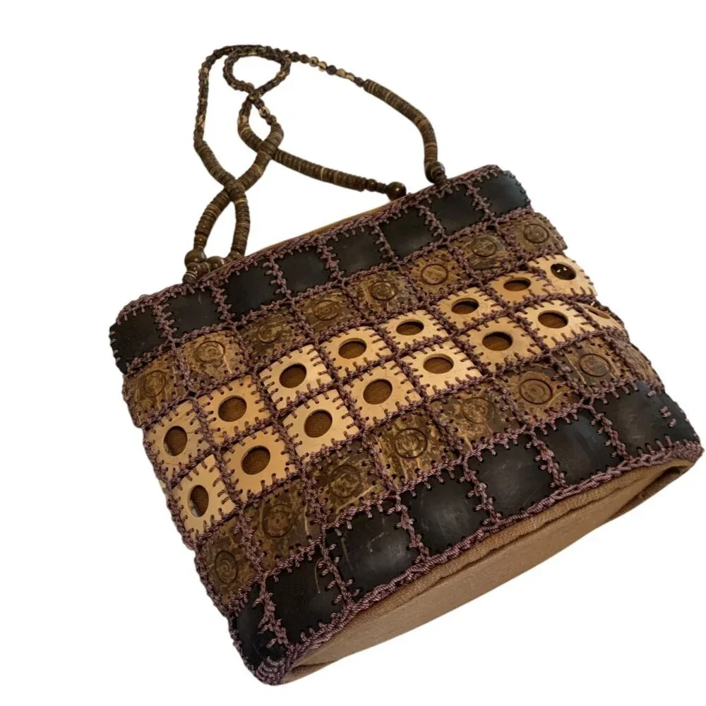 Handcrafted Boho‎ Patchwork Shoulder Bag Beaded Straps & Unique Coconut Shells